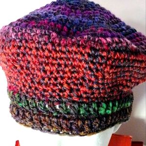 New Crocheted Soft Non-wool Unisex Raspberry Striped Beret XL